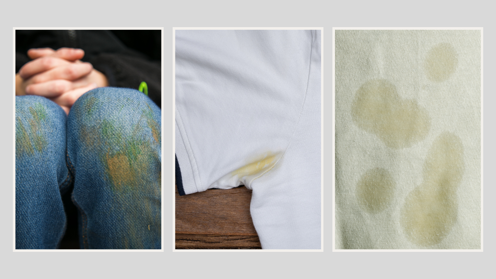 Images of a grass stain, sweat stain, and grease stain on clothing