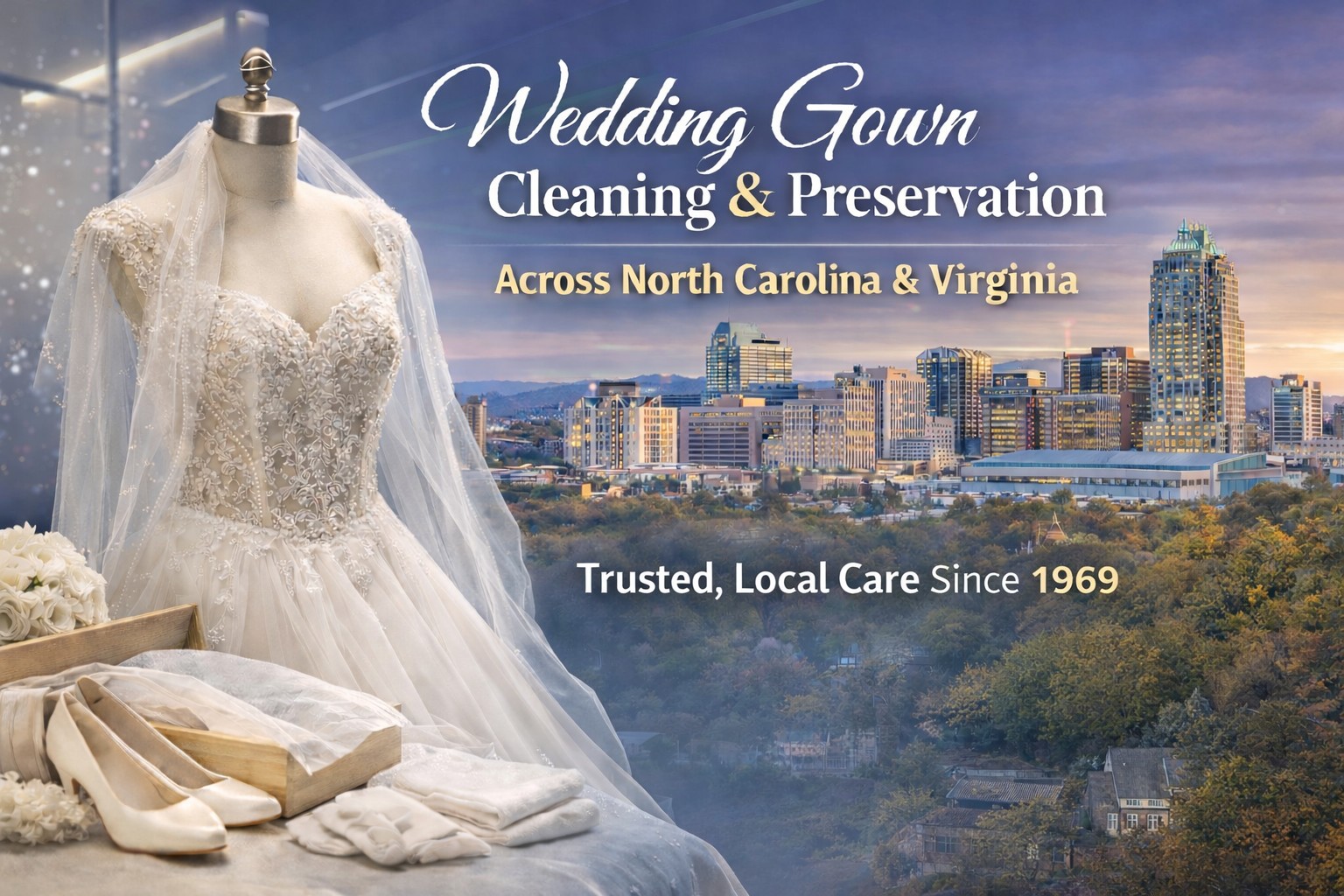 Wedding gown cleaning and preservation service featuring an elegant bridal dress on a mannequin with accessories and the Raleigh skyline, representing trusted local care since 1969 across North Carolina and Virginia.