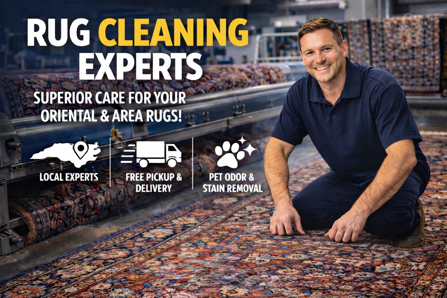 Professional rug cleaning technician inspecting an oriental rug in a modern rug cleaning facility with advanced equipment and multiple area rugs in the background