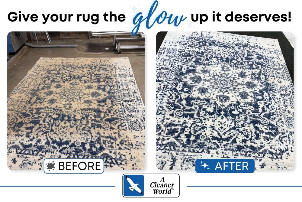 A Cleaner World Before and after professional rug cleaning showing a brighter cleaner area rug