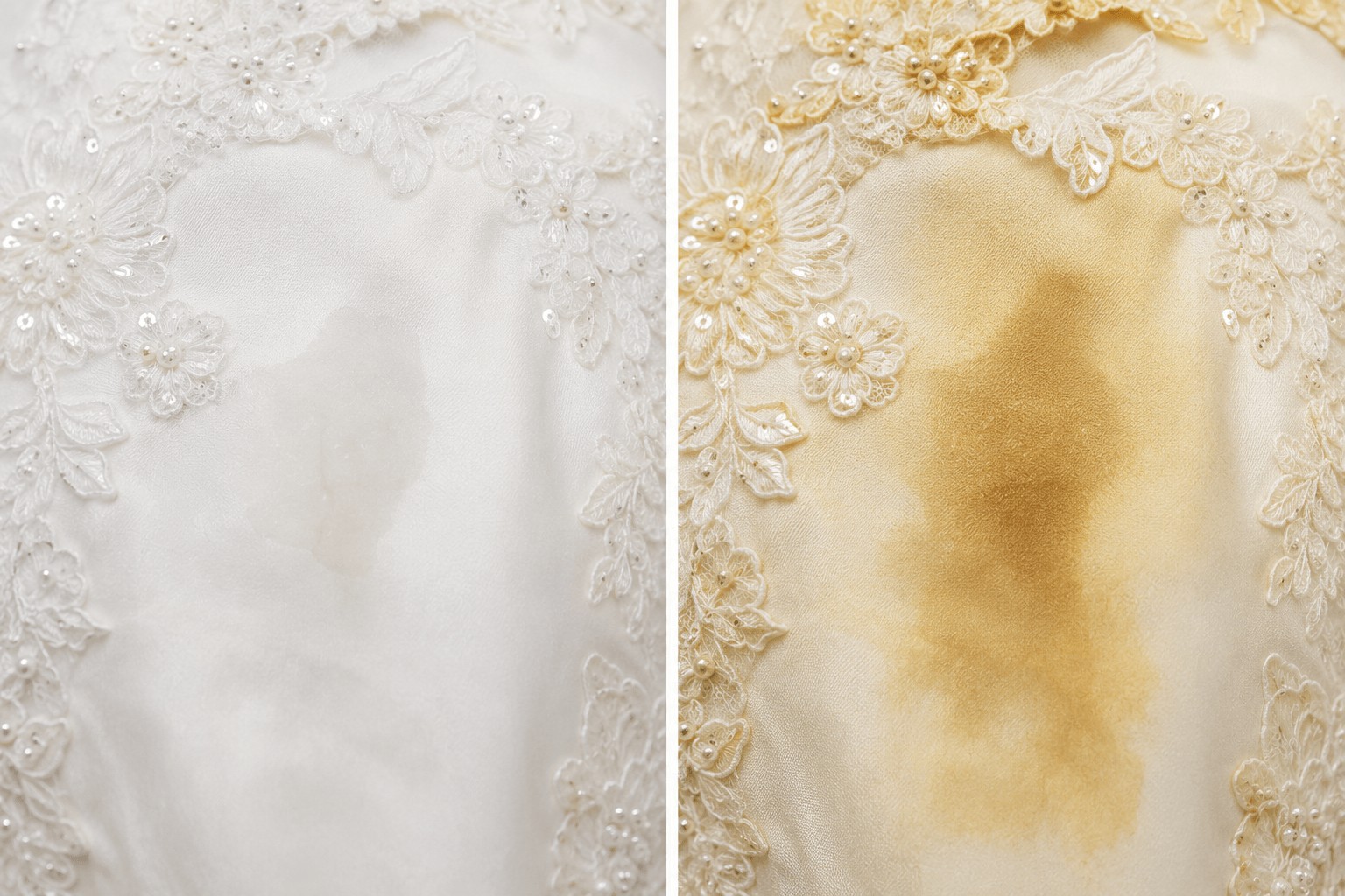 A calamelized sugar stain appears when sugars are not removed from gowns before storage