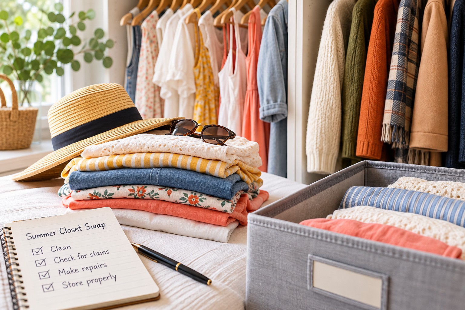 Summer clothes being organized for seasonal storage during a fall closet swap