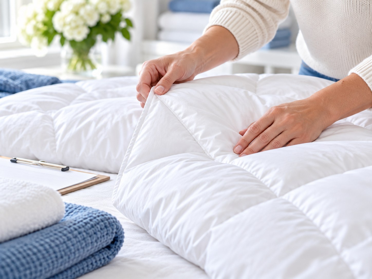 Hands inspecting the stitching and condition of a white comforter during a quality check.