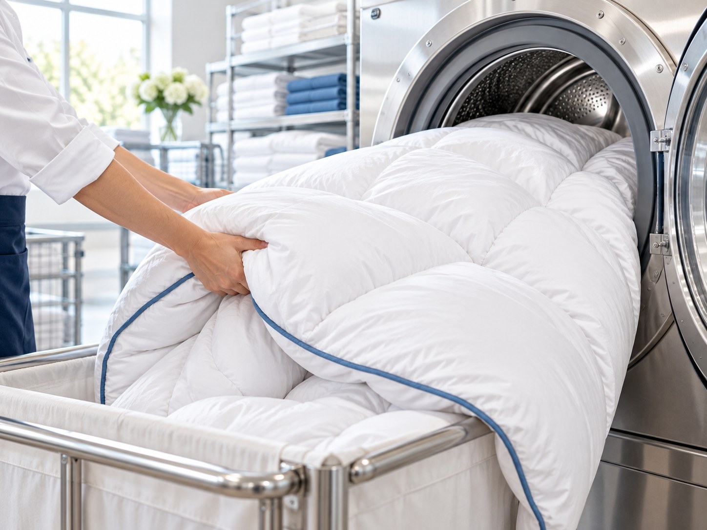 Large white comforter being loaded into professional commercial cleaning equipment.