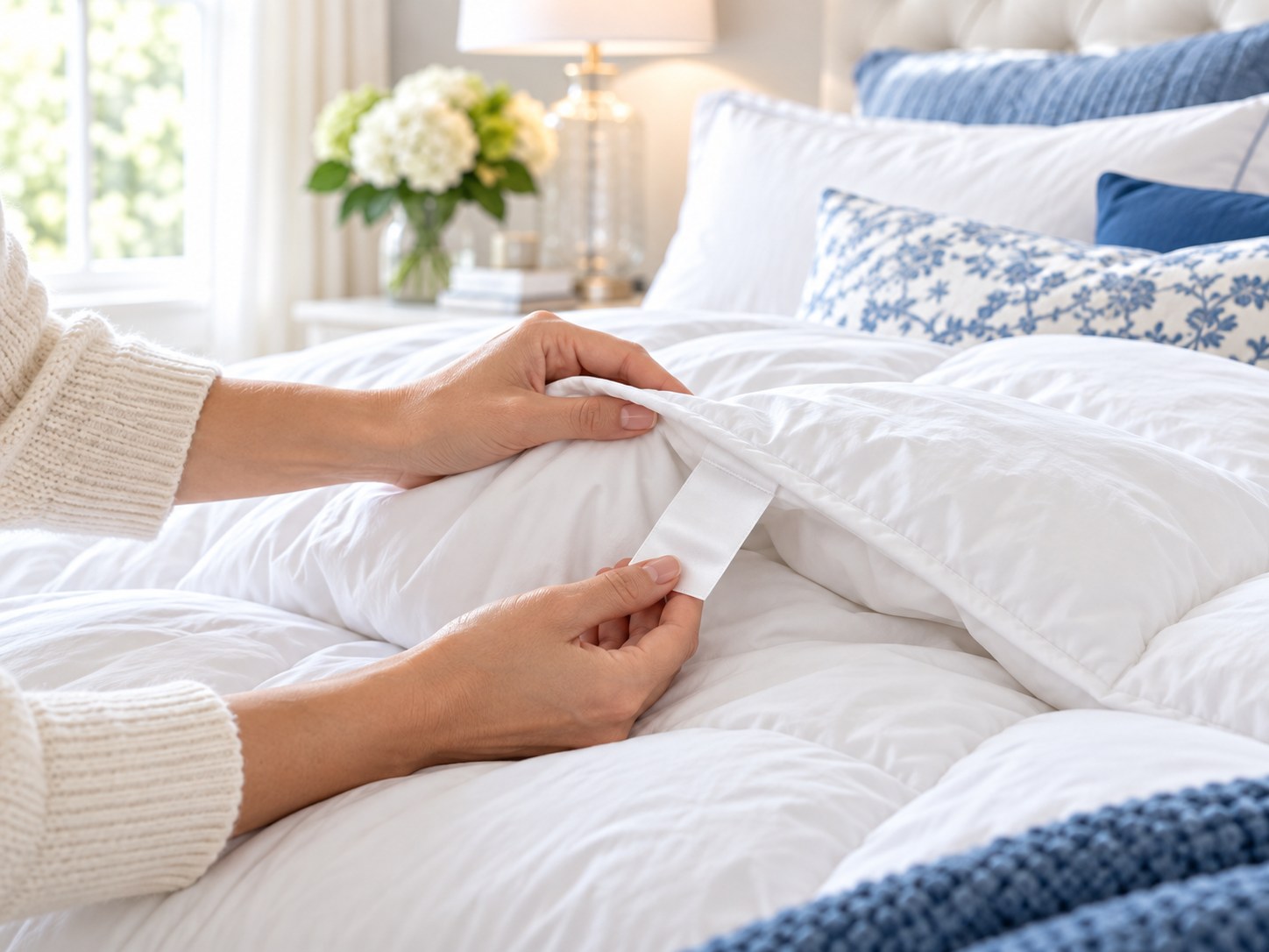 Hands checking the care label on a white comforter before professional cleaning.